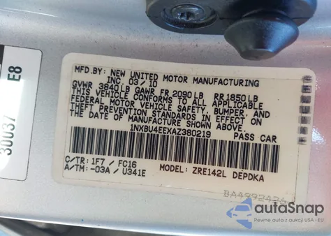 2010 Toyota Corolla Le from USA, damaged, VIN 1NXBU4EEXAZ380219